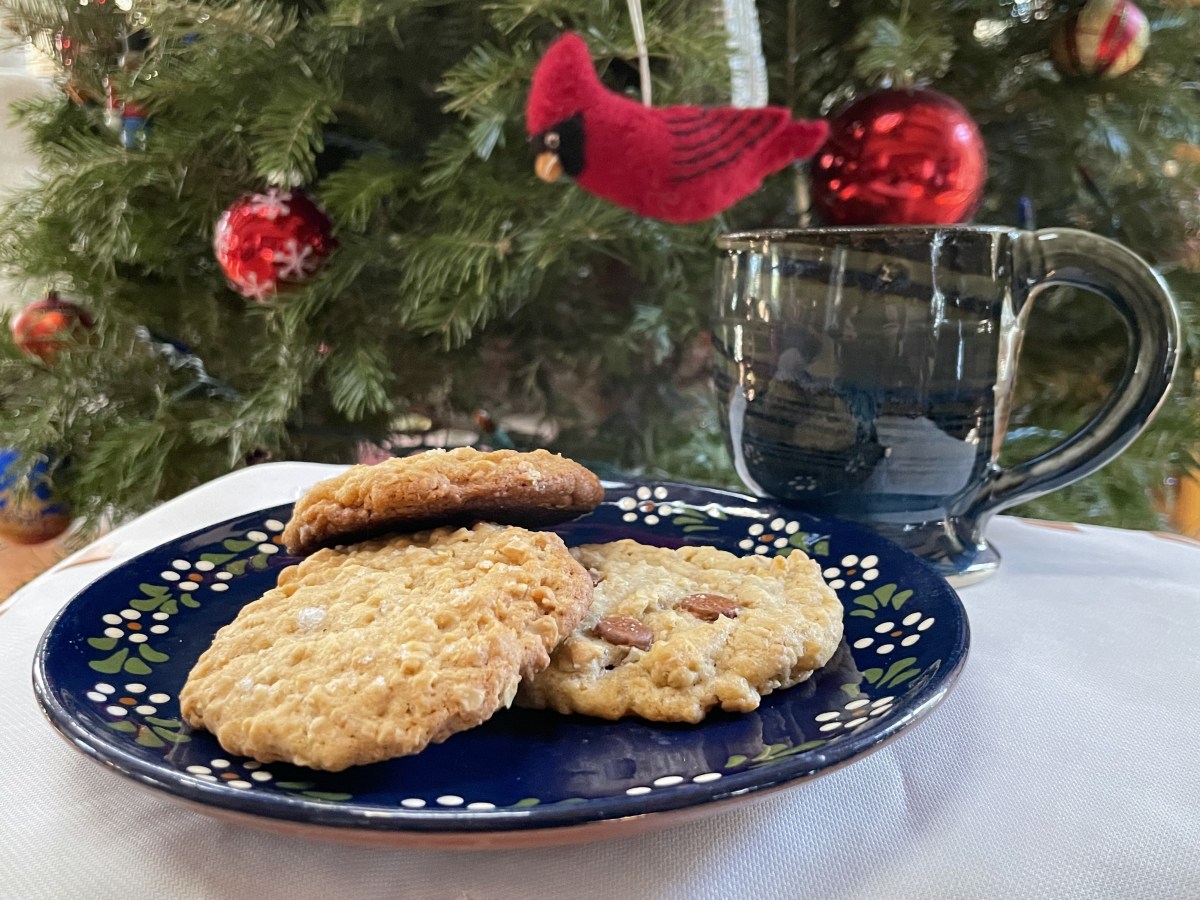 Image of plate of cookies and mug in front of holiday tree