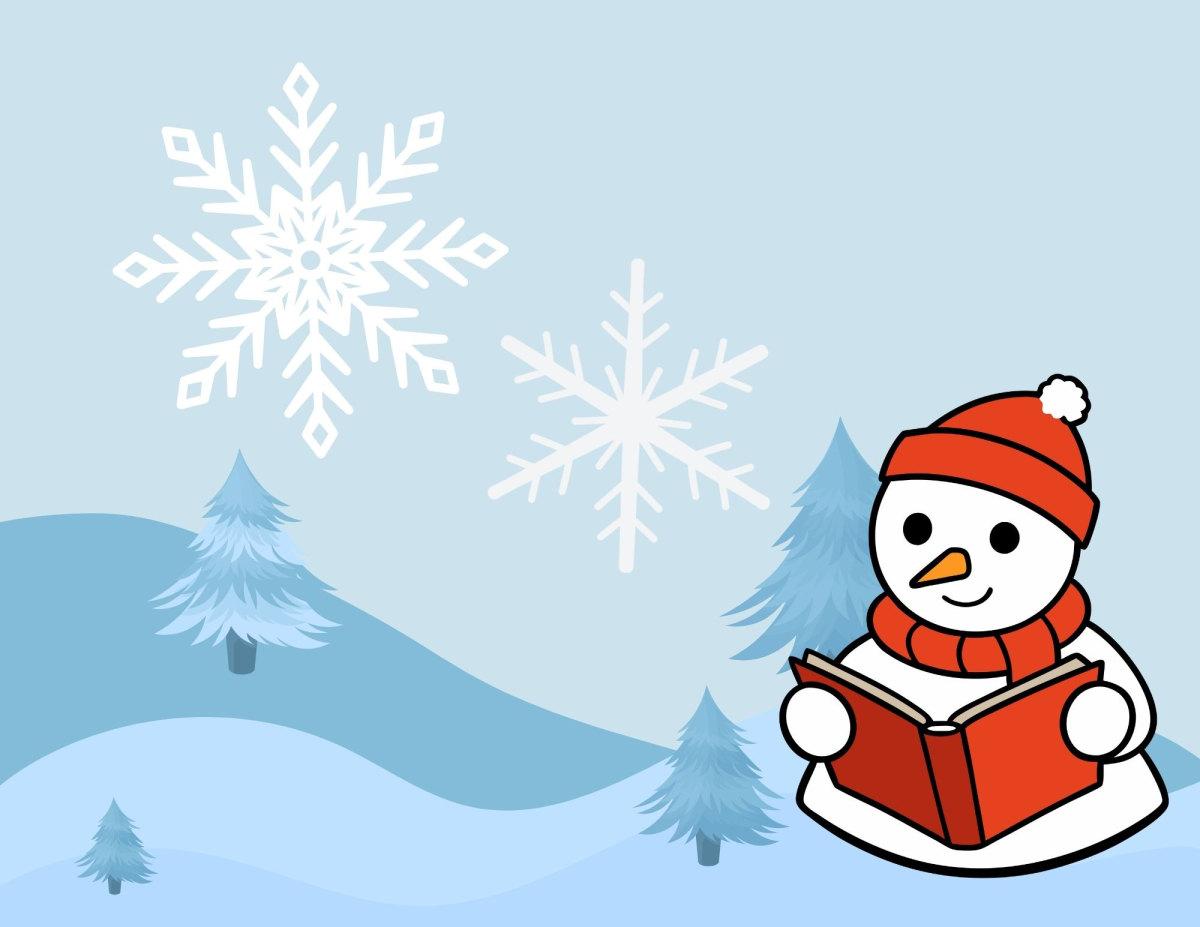 A graphic of a snowman reading a book on a wintery snowscape.
