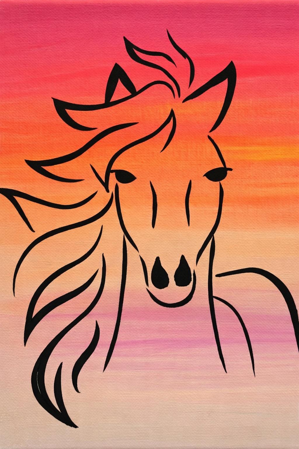horse painted over a beautiful red orange sky original art by Erica Soto