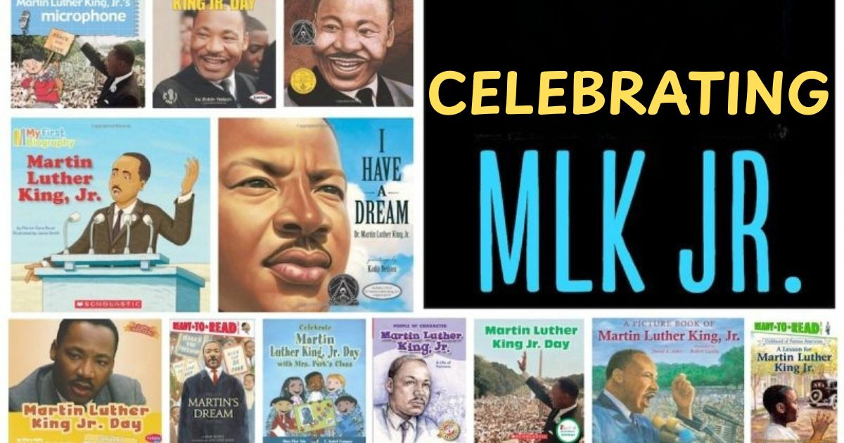 image of martin luther king jr books with words celebating MLK JR