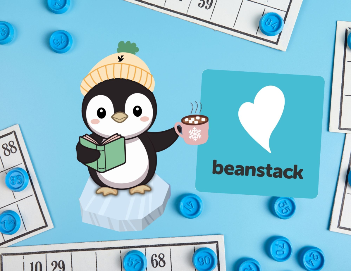 image of penguin mascot for winter reading with Beanstack Logo next to it
