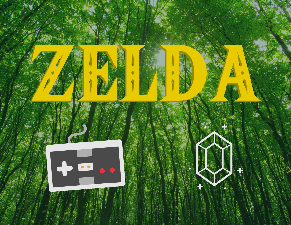 image of trees and zelda word in yellow with a nintendo controler and a jewel image