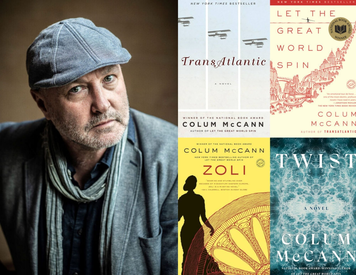 Author photos of Colum McCann with four of his books
