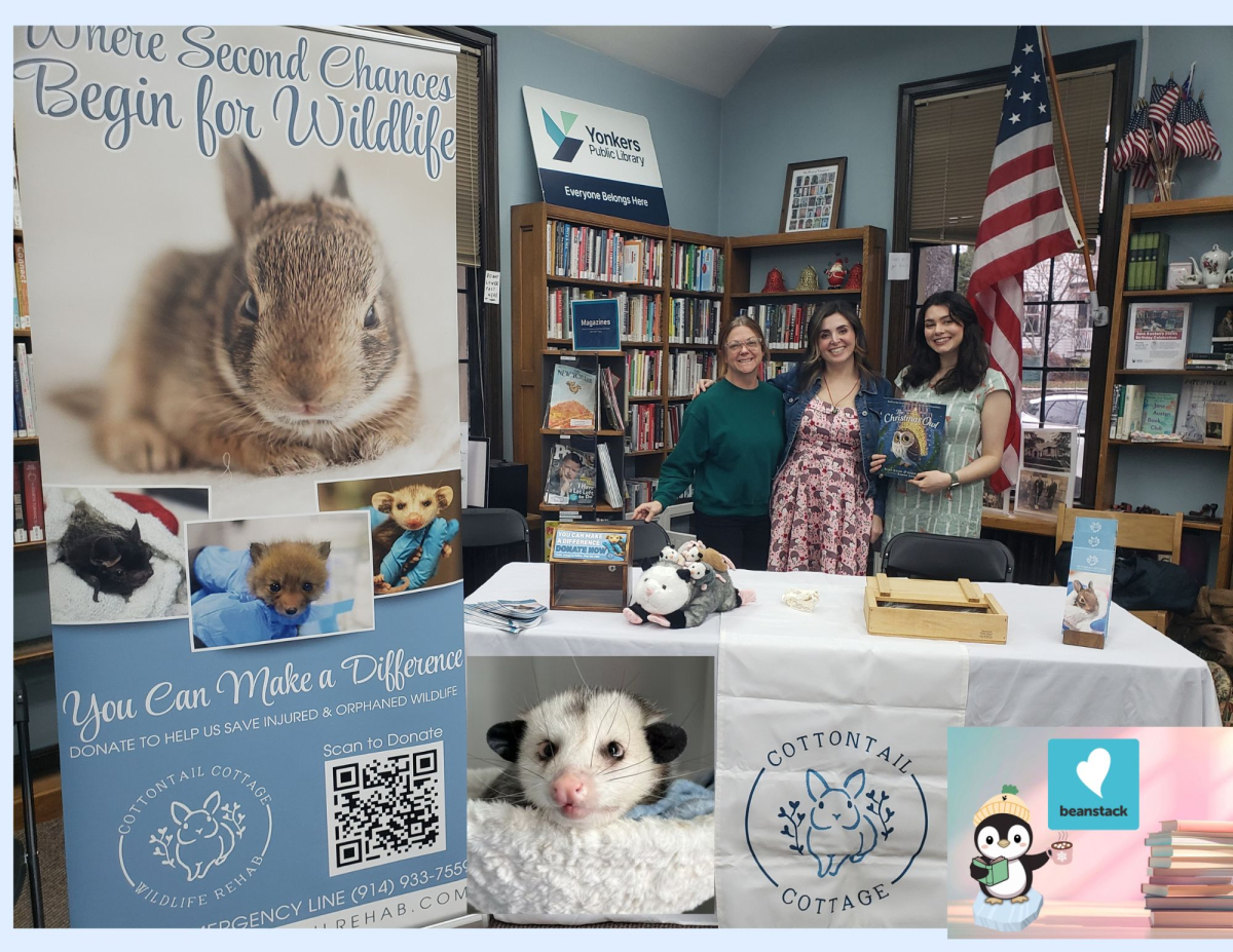 image of Cottontail Rehab staff with Parsley the Opossum and winter reading logo