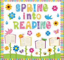 image of drawing of books with flowers and words spring into reading