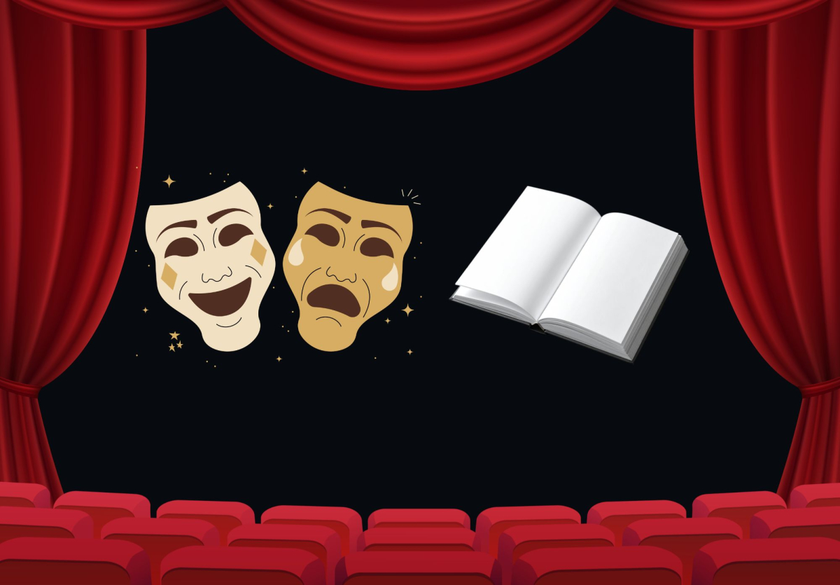 image of stage with red curtains and theatre masks and a book