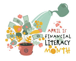 watering can watering a money plant with Financial Literacy Month words