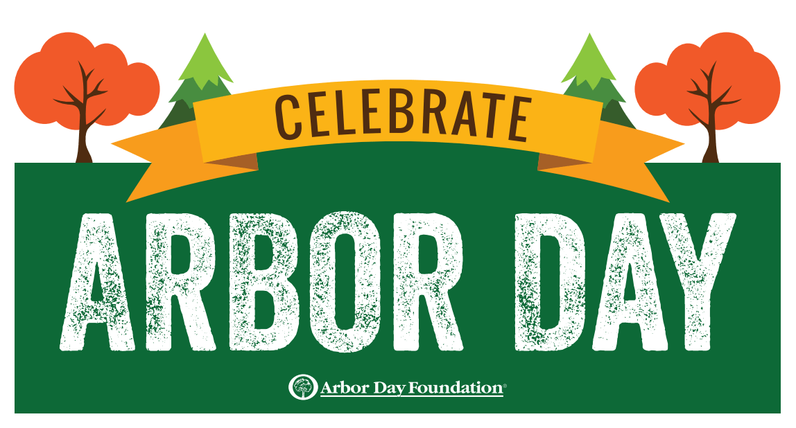 image of celebrate arbor day words with two trees on each side