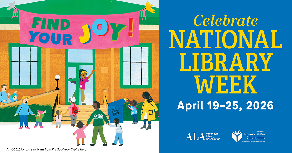 image of poster from ALA national library week people standing in front of a library