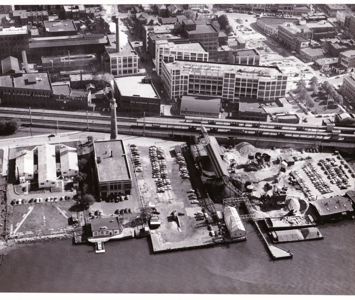 Black and white photograph of an aerial view of Otis Elevator Company