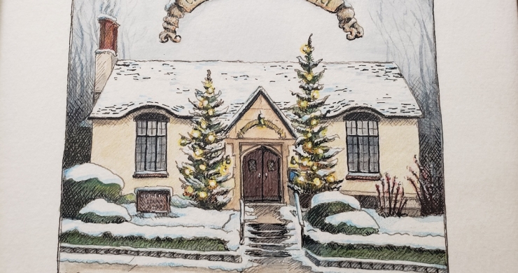 Postcard of Crestwood Library by artist Connie Fowler